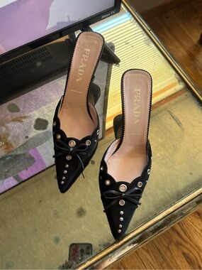 Prada Black Suede Pointed-Toe Slip-On Heels with Grommet & Bow